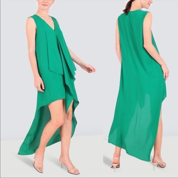 BCBGMAXAZRIA Sleeveless Cascade-Ruffle High-Low Shift Dress Tan XS - Picture 6 of 8